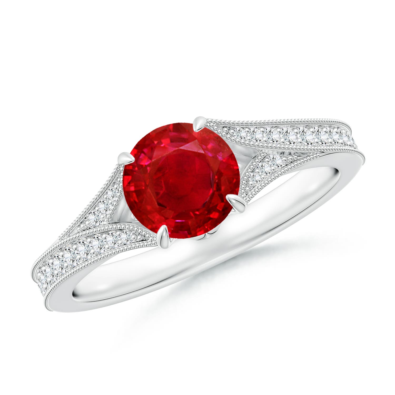 6.5mm AAA Vintage Inspired Round Ruby Split Shank Engagement Ring in White Gold