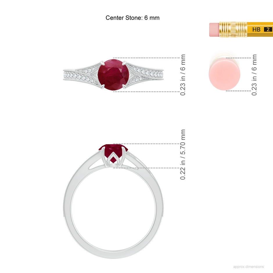 6mm A Vintage Inspired Round Ruby Split Shank Engagement Ring in White Gold ruler