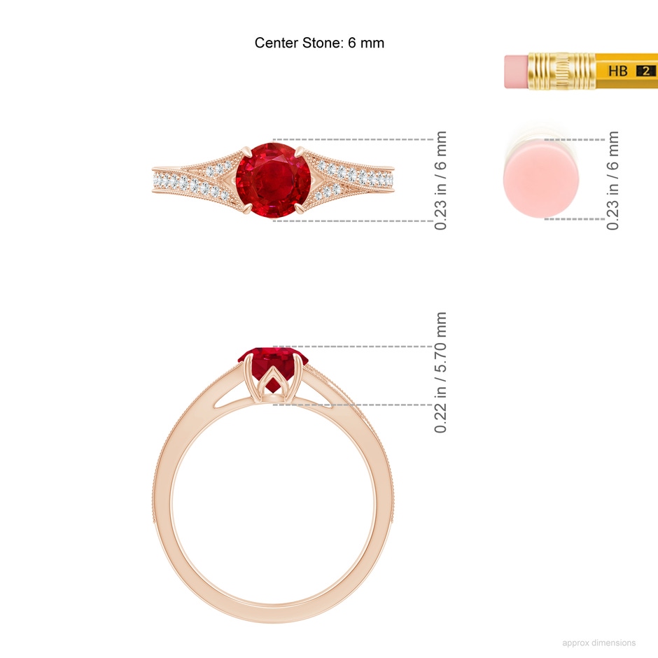 6mm AAA Vintage Inspired Round Ruby Split Shank Engagement Ring in Rose Gold ruler