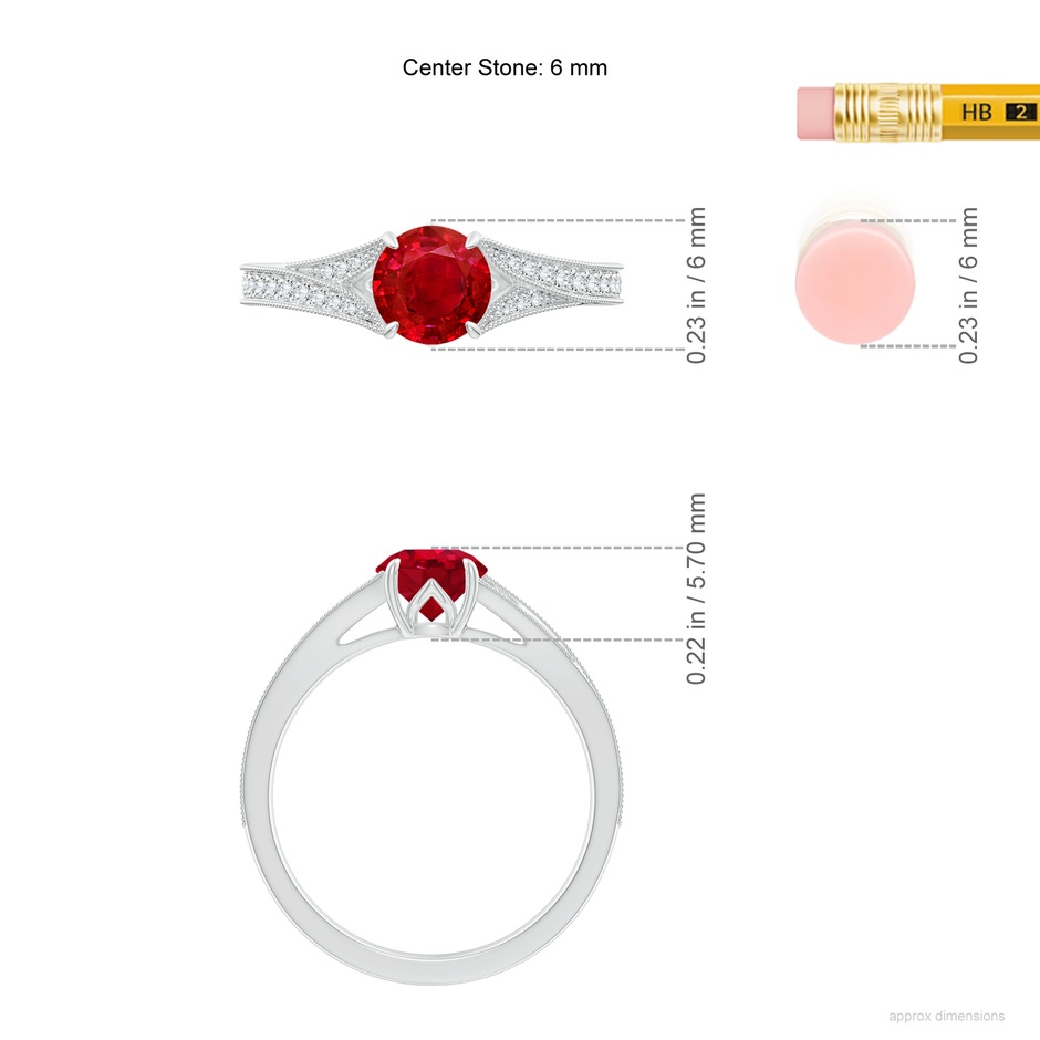 6mm AAA Vintage Inspired Round Ruby Split Shank Engagement Ring in White Gold ruler