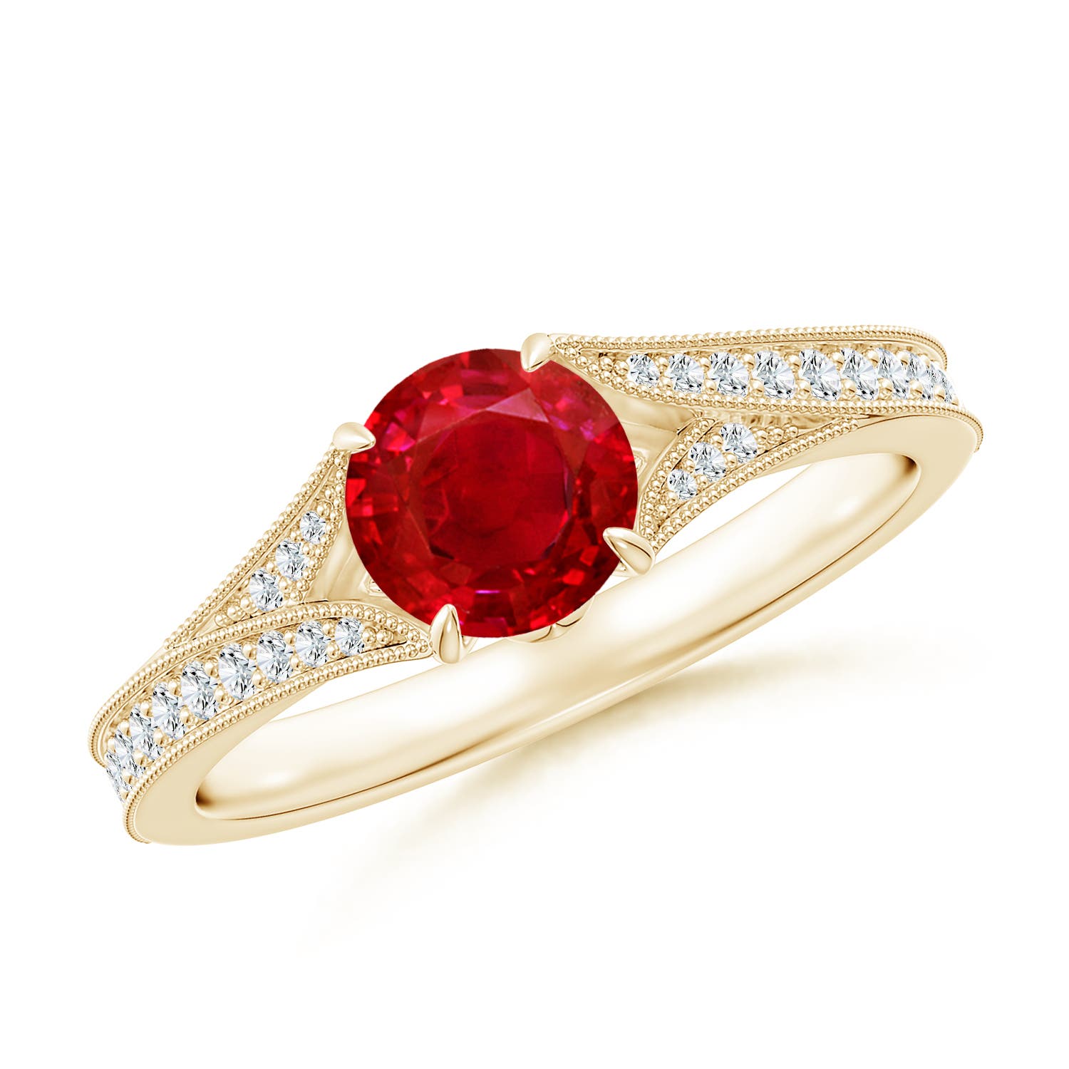 6mm AAA Vintage Inspired Round Ruby Split Shank Engagement Ring in Yellow Gold