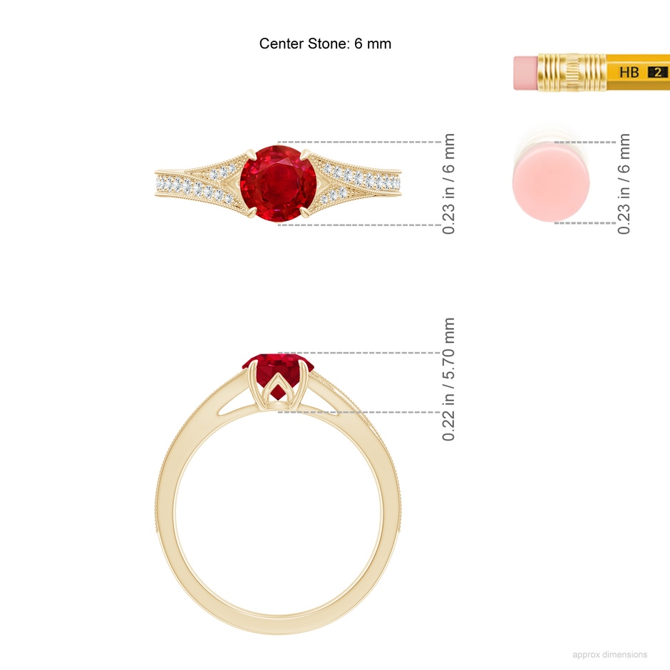 6mm AAA Vintage Inspired Round Ruby Split Shank Engagement Ring in Yellow Gold ruler