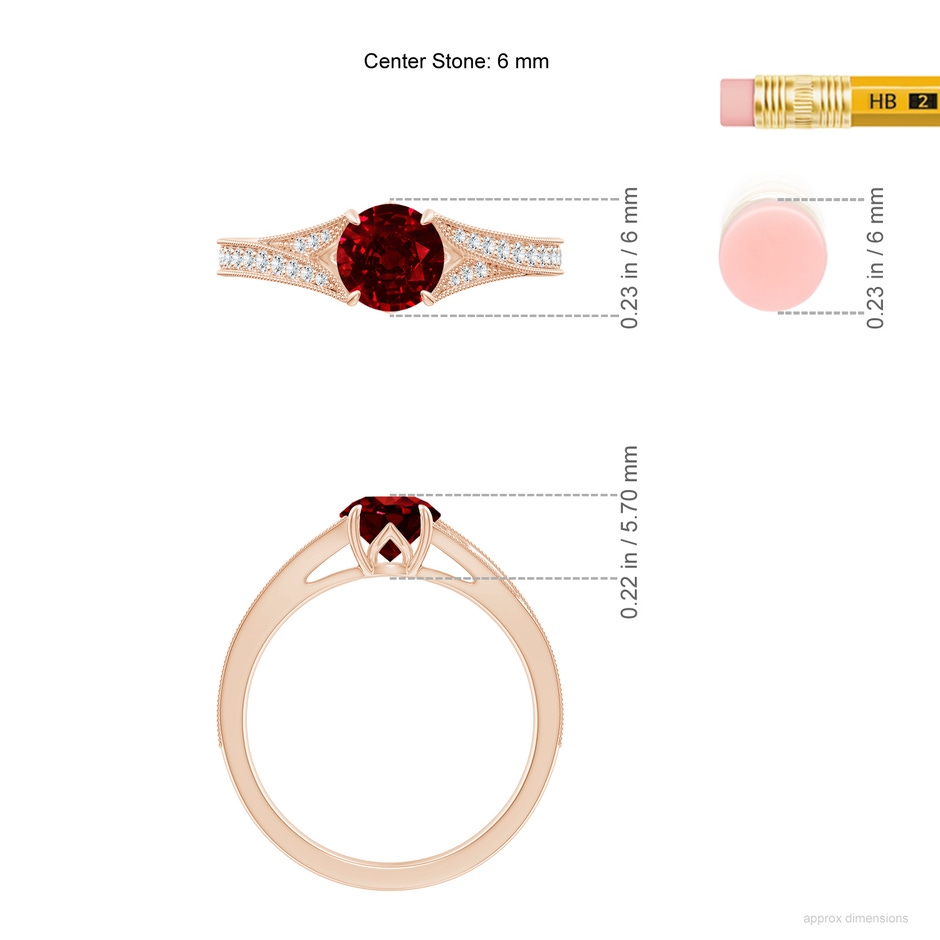6mm AAAA Vintage Inspired Round Ruby Split Shank Engagement Ring in Rose Gold ruler