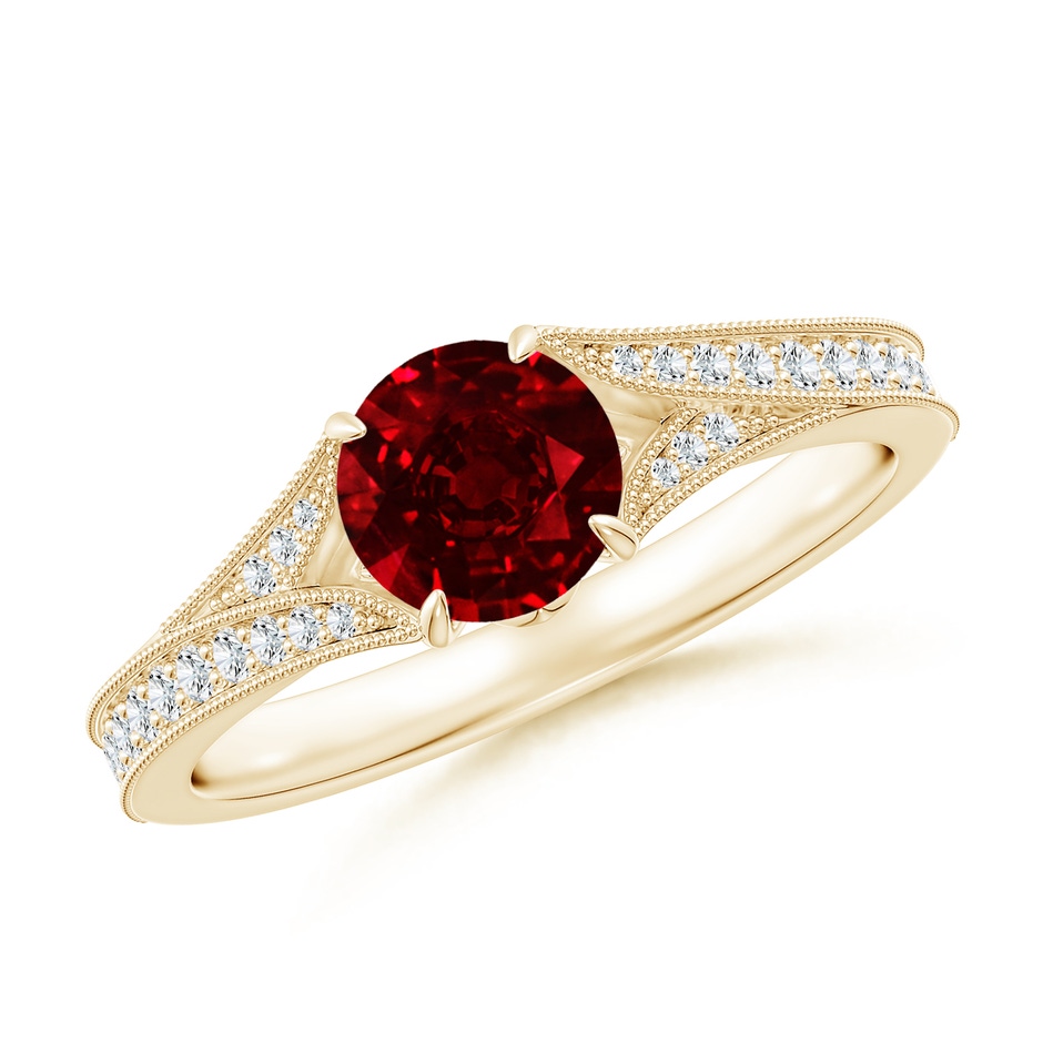 6mm AAAA Vintage Inspired Round Ruby Split Shank Engagement Ring in Yellow Gold 