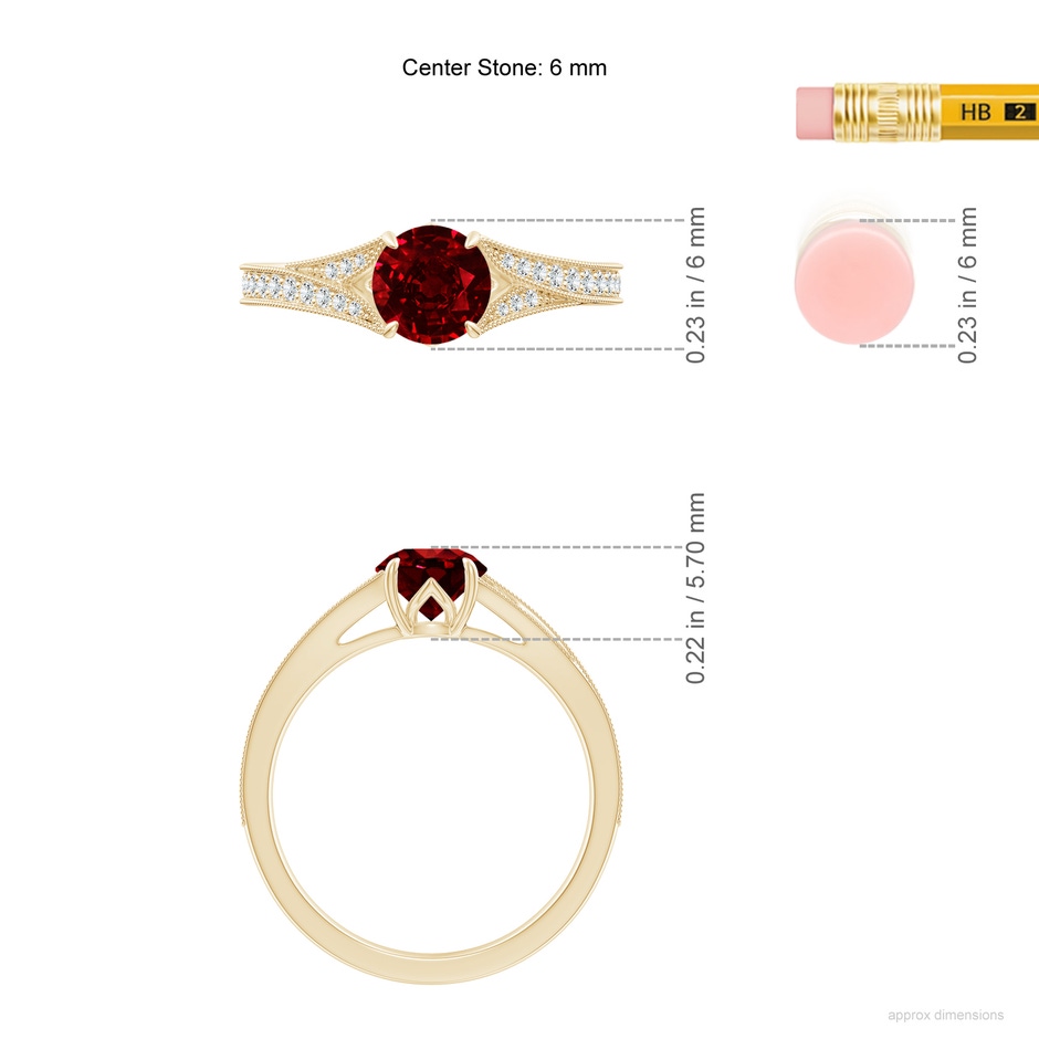 6mm AAAA Vintage Inspired Round Ruby Split Shank Engagement Ring in Yellow Gold ruler