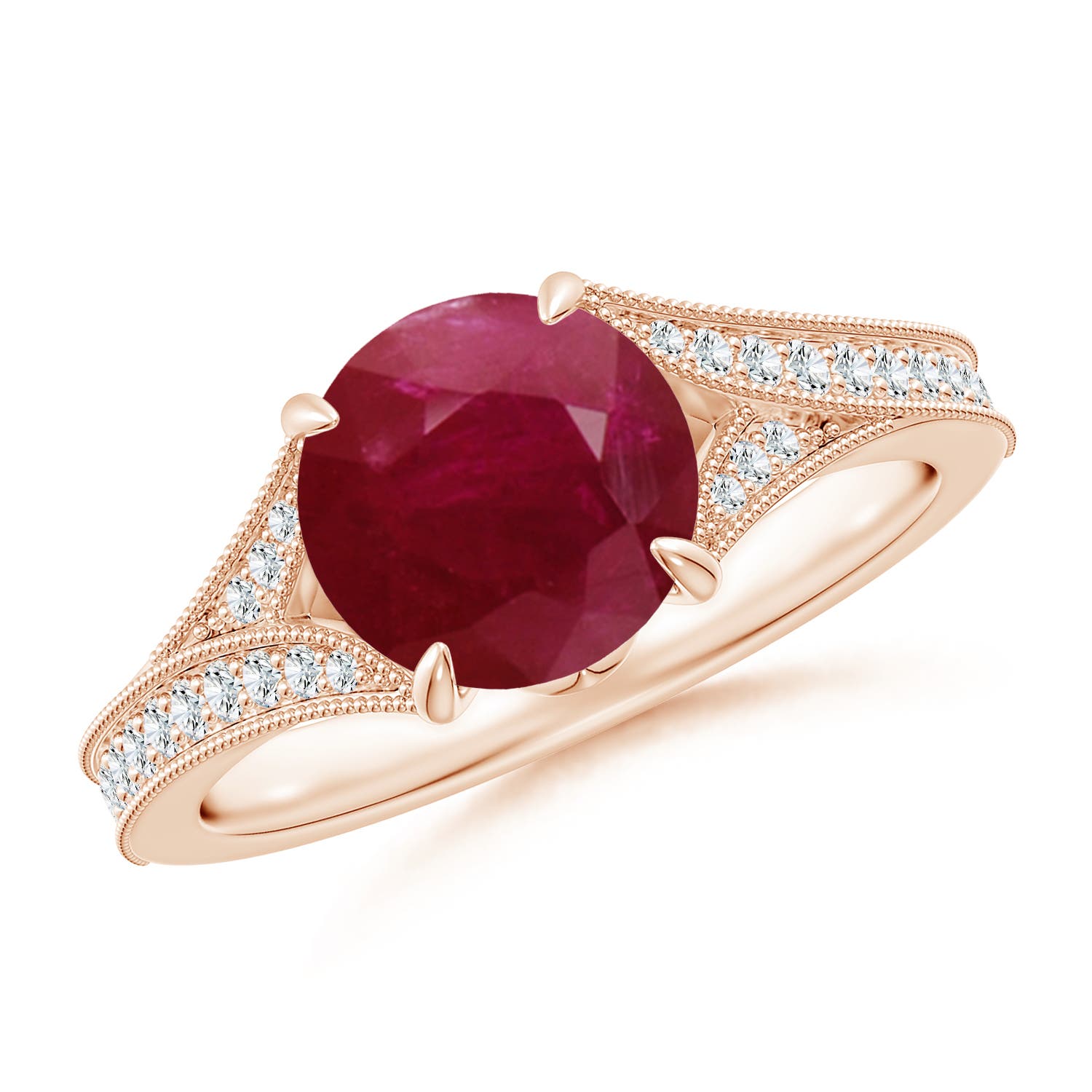 8mm A Vintage Inspired Round Ruby Split Shank Engagement Ring in Rose Gold