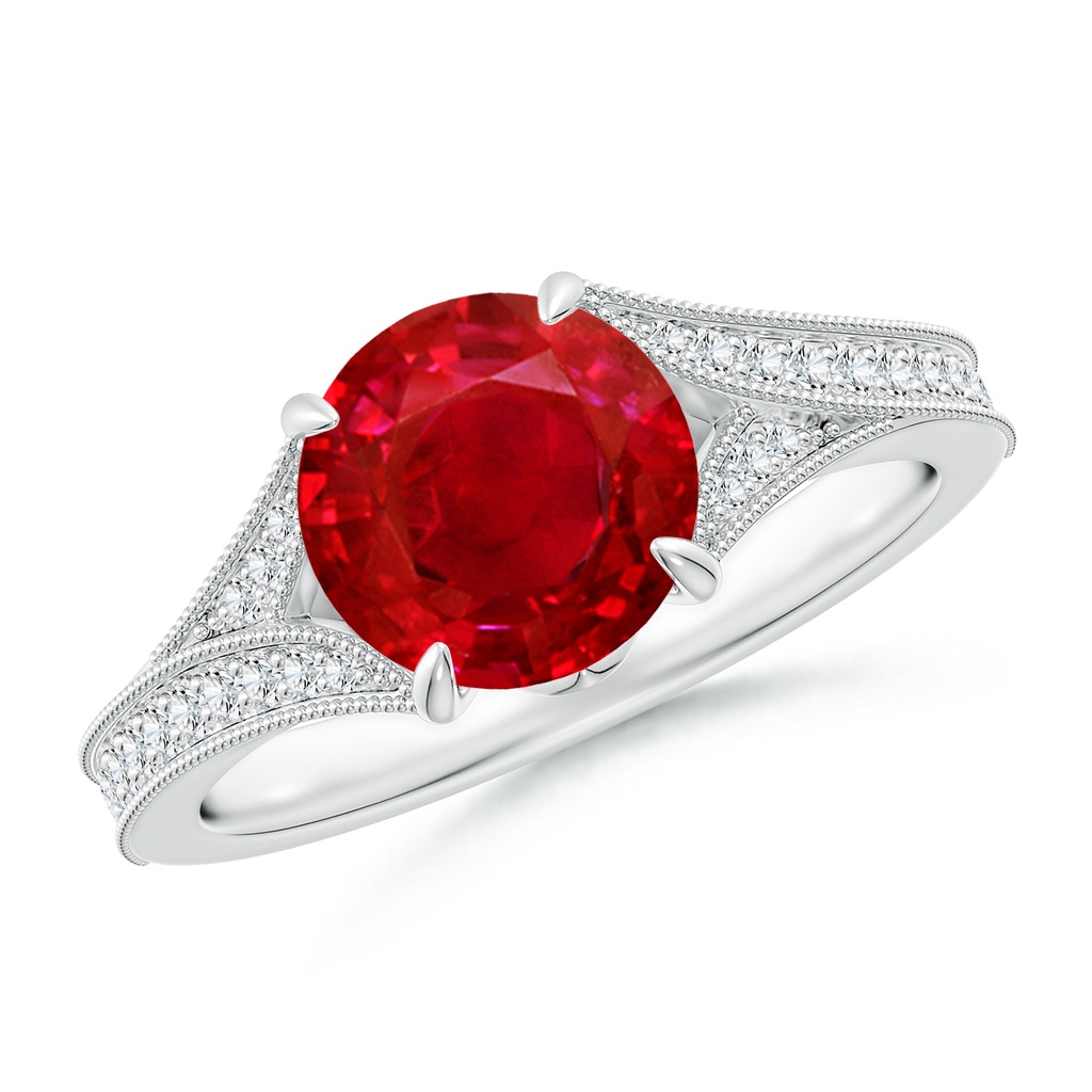 8mm AAA Vintage Inspired Round Ruby Split Shank Engagement Ring in White Gold