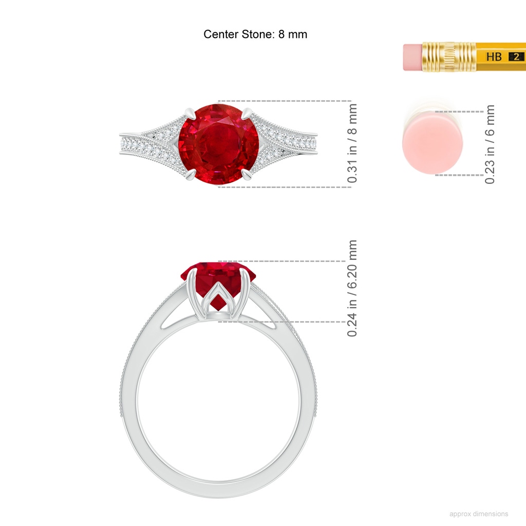 8mm AAA Vintage Inspired Round Ruby Split Shank Engagement Ring in White Gold ruler