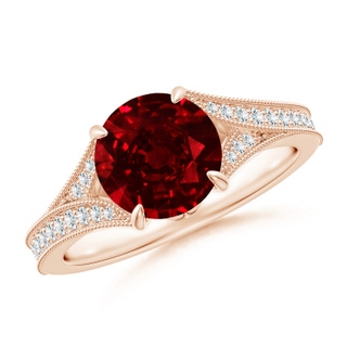 8mm AAAA Vintage Inspired Round Ruby Split Shank Engagement Ring in 18K Rose Gold