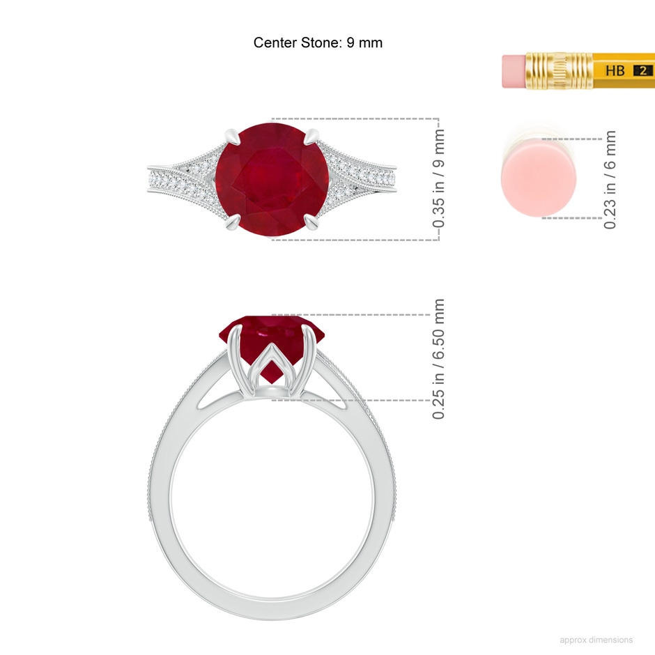 9mm AA Vintage Inspired Round Ruby Split Shank Engagement Ring in White Gold ruler