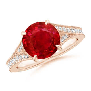 9mm AAA Vintage Inspired Round Ruby Split Shank Engagement Ring in 18K Rose Gold