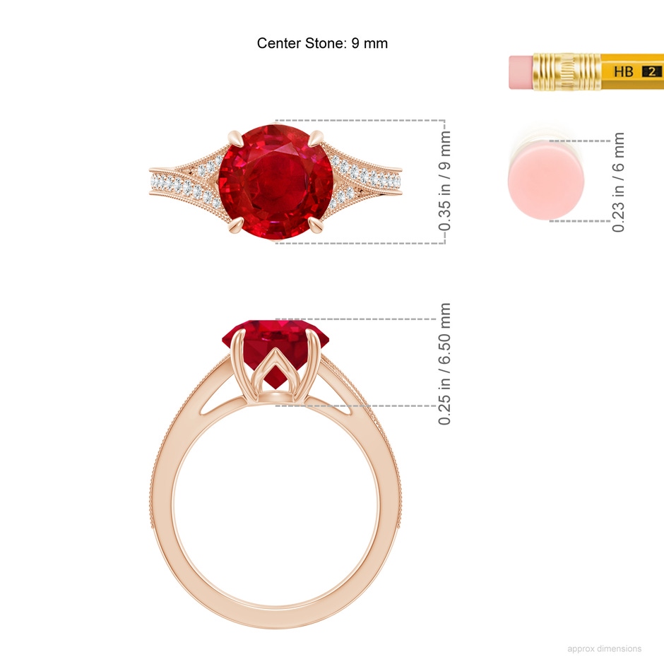 9mm AAA Vintage Inspired Round Ruby Split Shank Engagement Ring in Rose Gold ruler