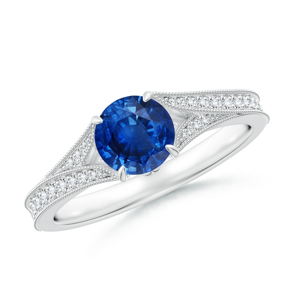 6mm AAA Vintage Inspired Round Blue Sapphire Split Shank Engagement Ring in 18K White Gold 