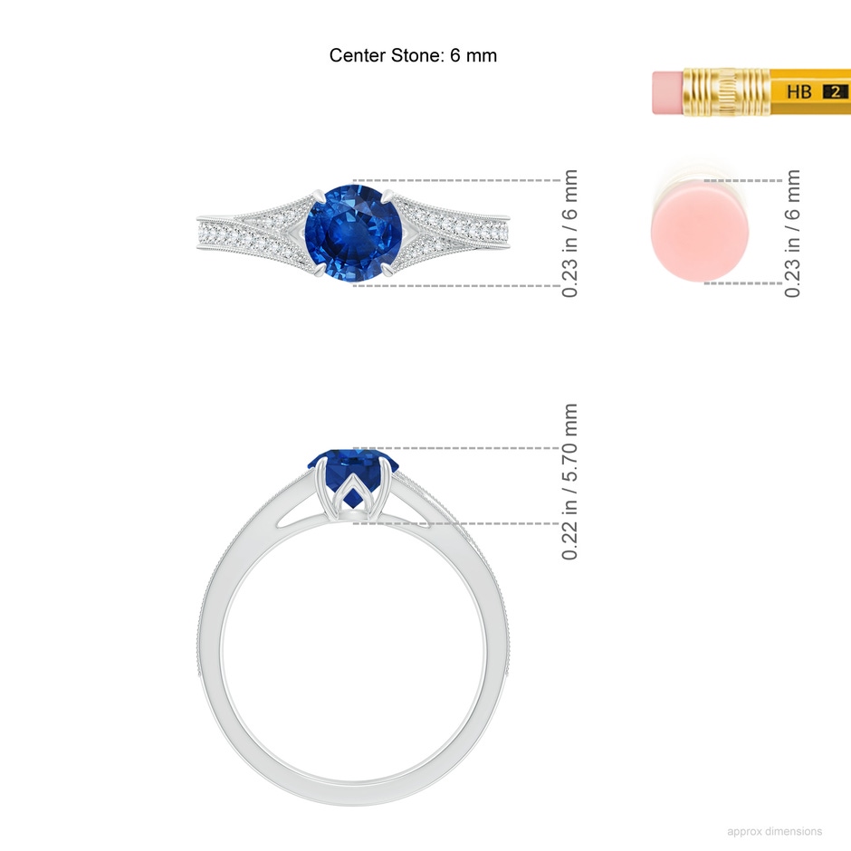 6mm AAA Vintage Inspired Round Blue Sapphire Split Shank Engagement Ring in 18K White Gold ruler