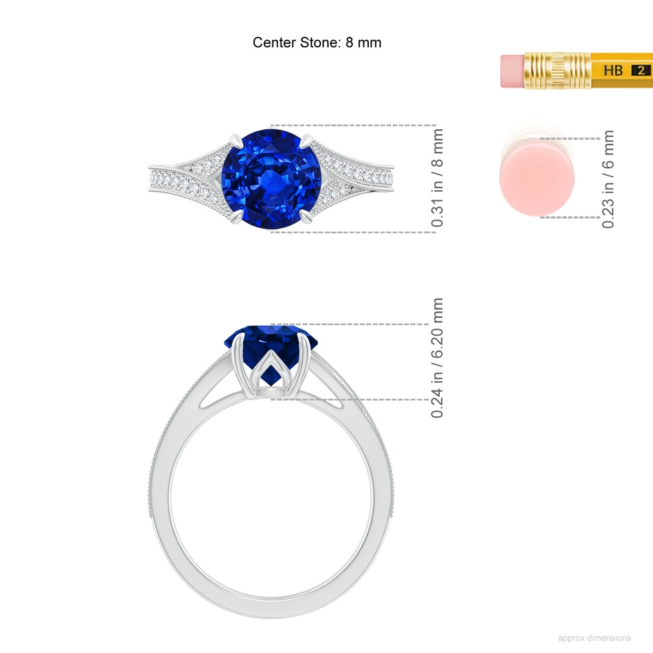 8mm Lab-Grown Vintage Inspired Round Blue Sapphire Split Shank Engagement Ring in White Gold ruler