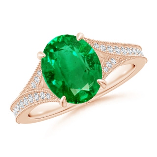 10x8mm AAA Vintage Inspired Oval Emerald Split Shank Engagement Ring in 10K Rose Gold