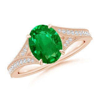 9x7mm AAAA Vintage Inspired Oval Emerald Split Shank Engagement Ring in 18K Rose Gold