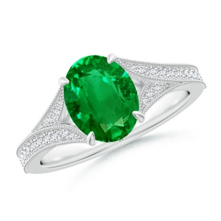 9x7mm AAAA Vintage Inspired Oval Emerald Split Shank Engagement Ring in P950 Platinum