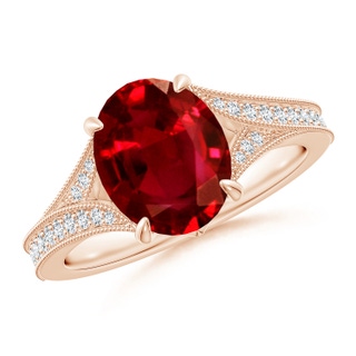 10x8mm AAAA Vintage Inspired Oval Ruby Split Shank Engagement Ring in 18K Rose Gold