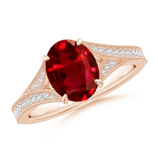 9x7mm AAAA Vintage Inspired Oval Ruby Split Shank Engagement Ring in 18K Rose Gold