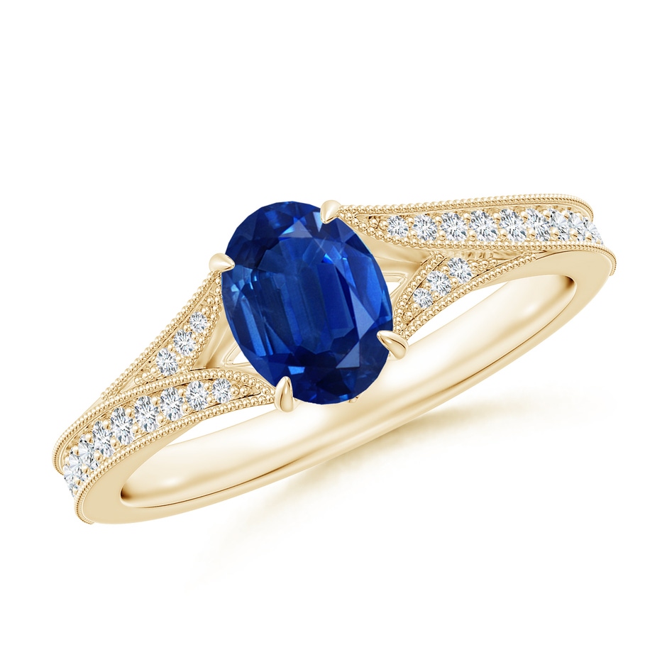 7x5mm AAA Vintage Inspired Oval Blue Sapphire Split Shank Engagement Ring in Yellow Gold 