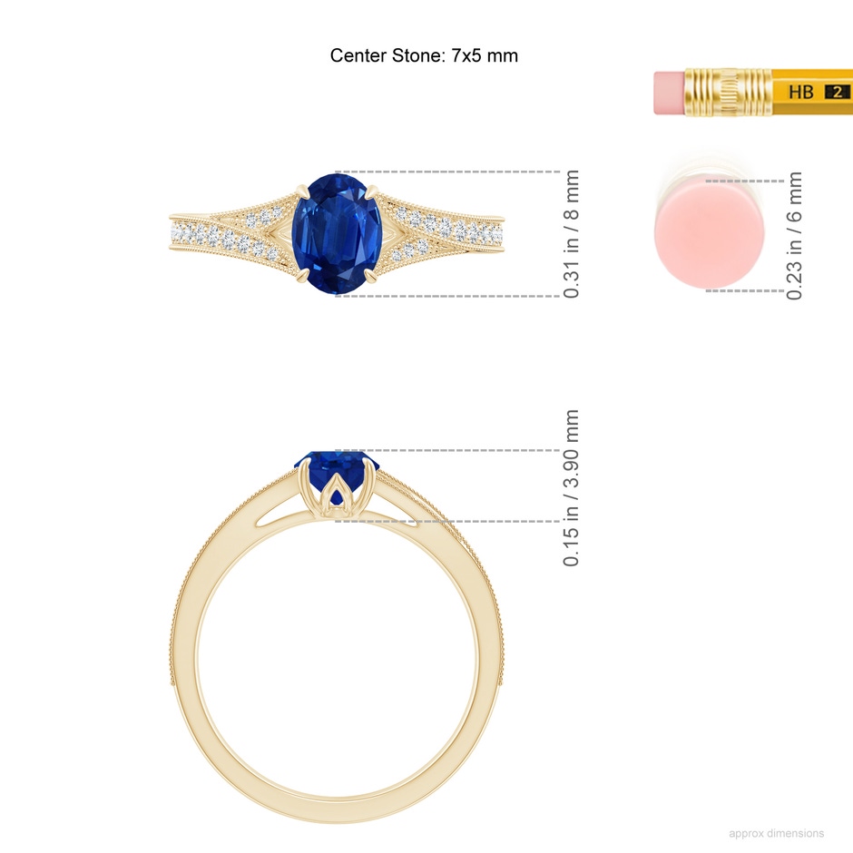 7x5mm AAA Vintage Inspired Oval Blue Sapphire Split Shank Engagement Ring in Yellow Gold ruler