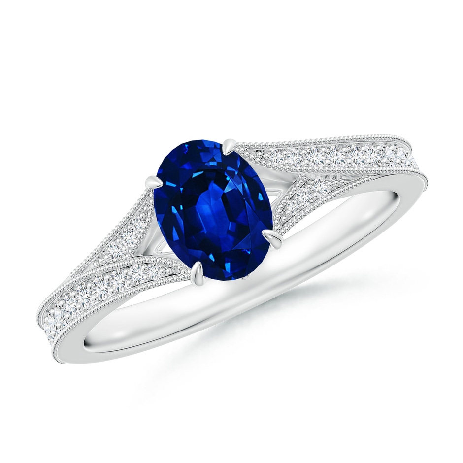 7x5mm Lab-Grown Vintage Inspired Oval Blue Sapphire Split Shank Engagement Ring in 18K White Gold 