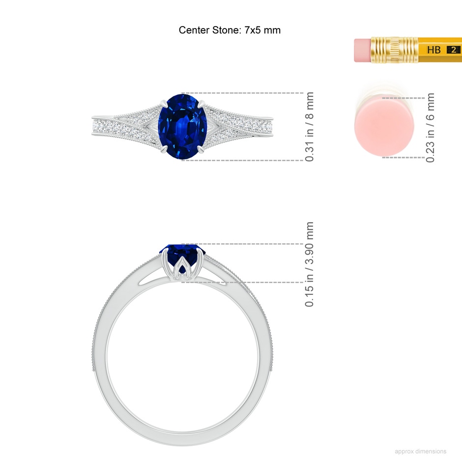 7x5mm Lab-Grown Vintage Inspired Oval Blue Sapphire Split Shank Engagement Ring in 18K White Gold ruler