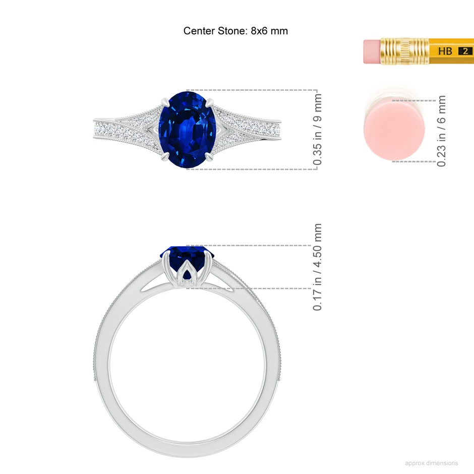 8x6mm Lab-Grown Vintage Inspired Oval Blue Sapphire Split Shank Engagement Ring in White Gold ruler