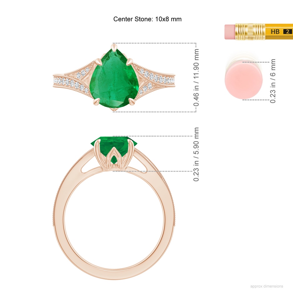 10x8mm AA Vintage Inspired Pear Emerald Split Shank Engagement Ring in Rose Gold ruler