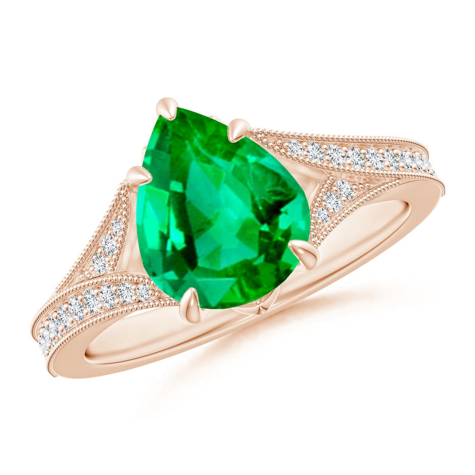 10x8mm AAA Vintage Inspired Pear Emerald Split Shank Engagement Ring in Rose Gold 