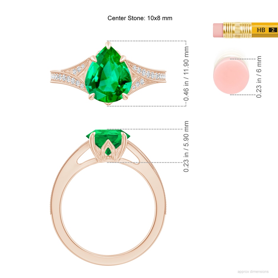 10x8mm AAA Vintage Inspired Pear Emerald Split Shank Engagement Ring in Rose Gold ruler