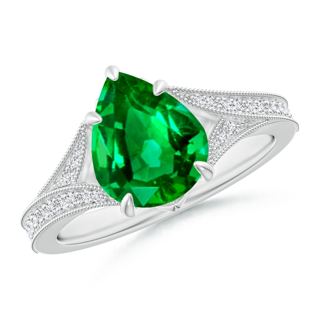 10x8mm AAAA Vintage Inspired Pear Emerald Split Shank Engagement Ring in P950 Platinum