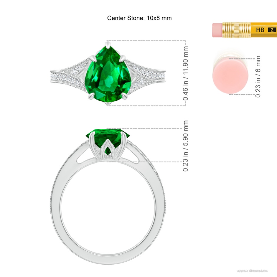 10x8mm AAAA Vintage Inspired Pear Emerald Split Shank Engagement Ring in P950 Platinum ruler