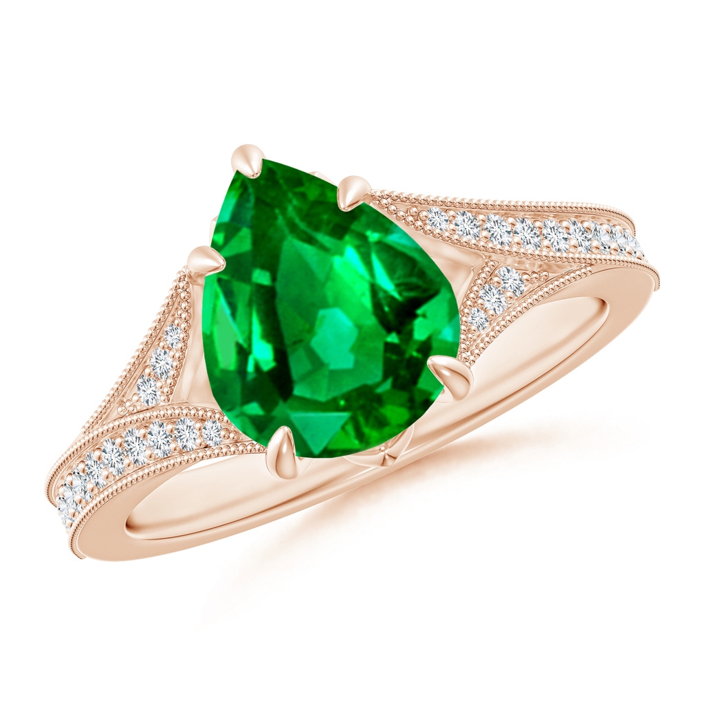 10x8mm AAAA Vintage Inspired Pear Emerald Split Shank Engagement Ring in Rose Gold