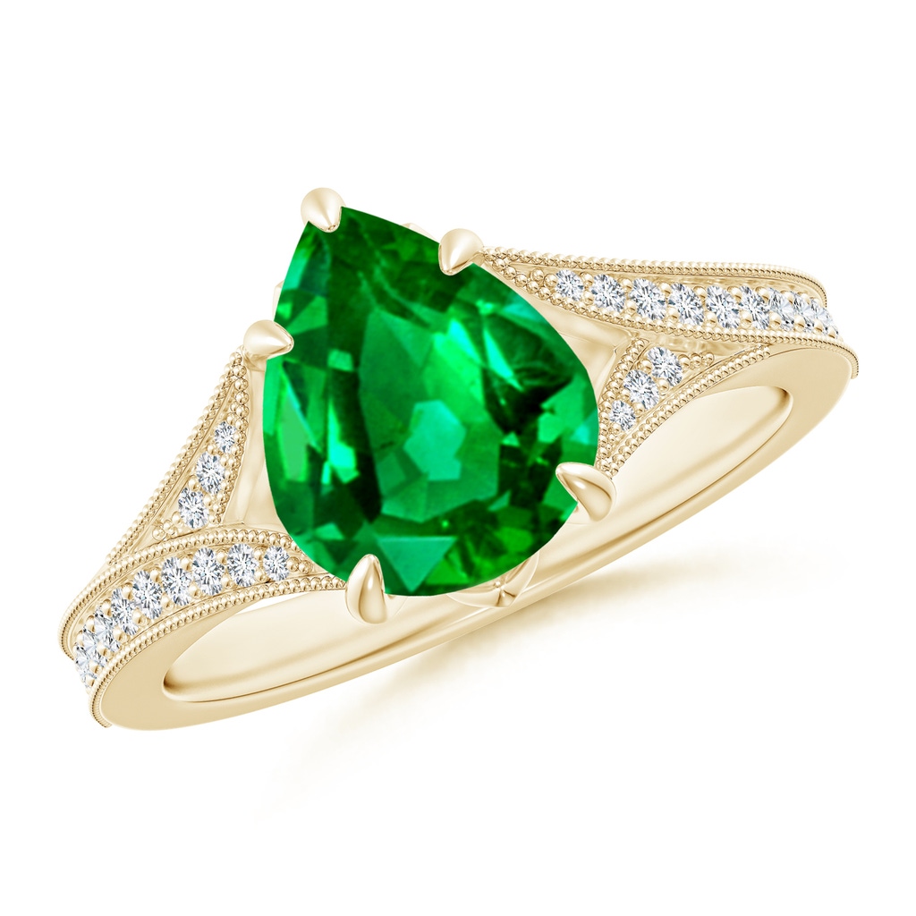 10x8mm AAAA Vintage Inspired Pear Emerald Split Shank Engagement Ring in Yellow Gold