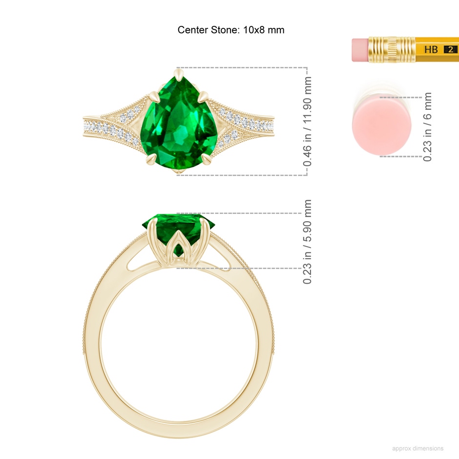 10x8mm AAAA Vintage Inspired Pear Emerald Split Shank Engagement Ring in Yellow Gold ruler