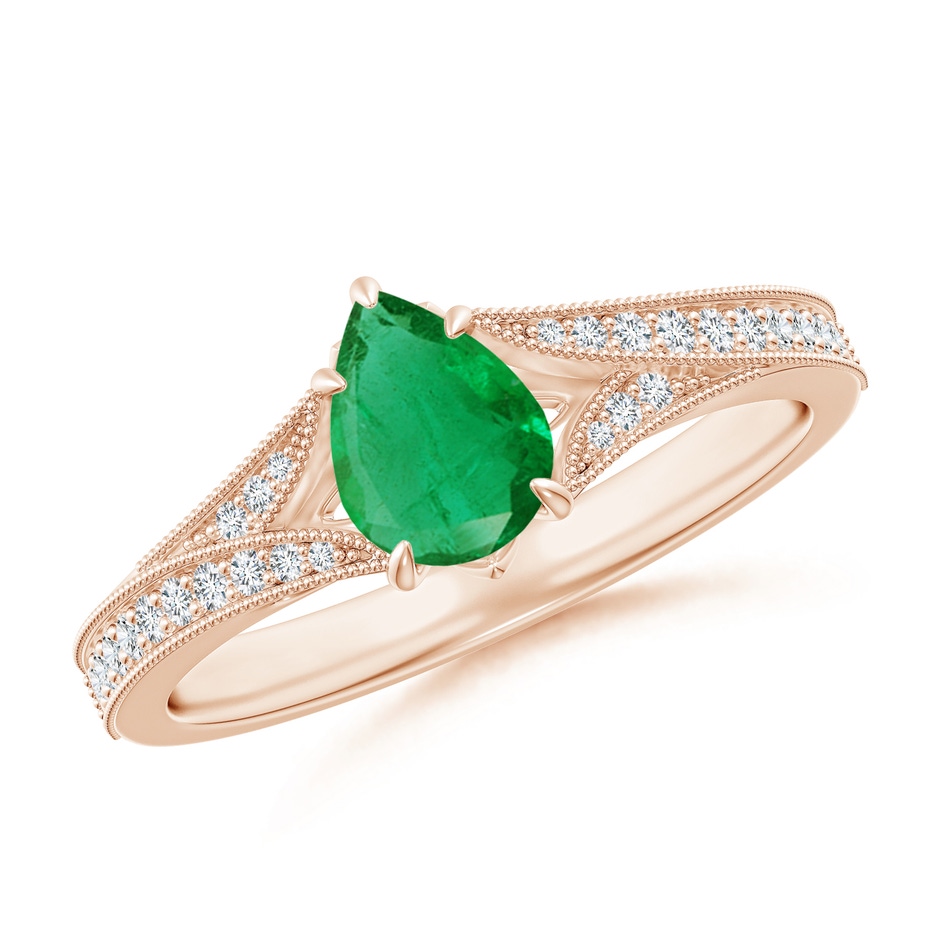7x5mm AA Vintage Inspired Pear Emerald Split Shank Engagement Ring in Rose Gold 
