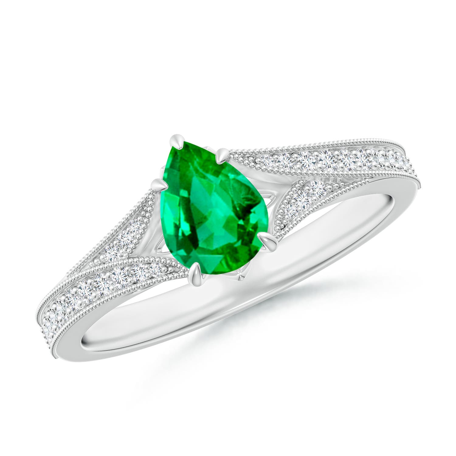7x5mm AAA Vintage Inspired Pear Emerald Split Shank Engagement Ring in 18K White Gold