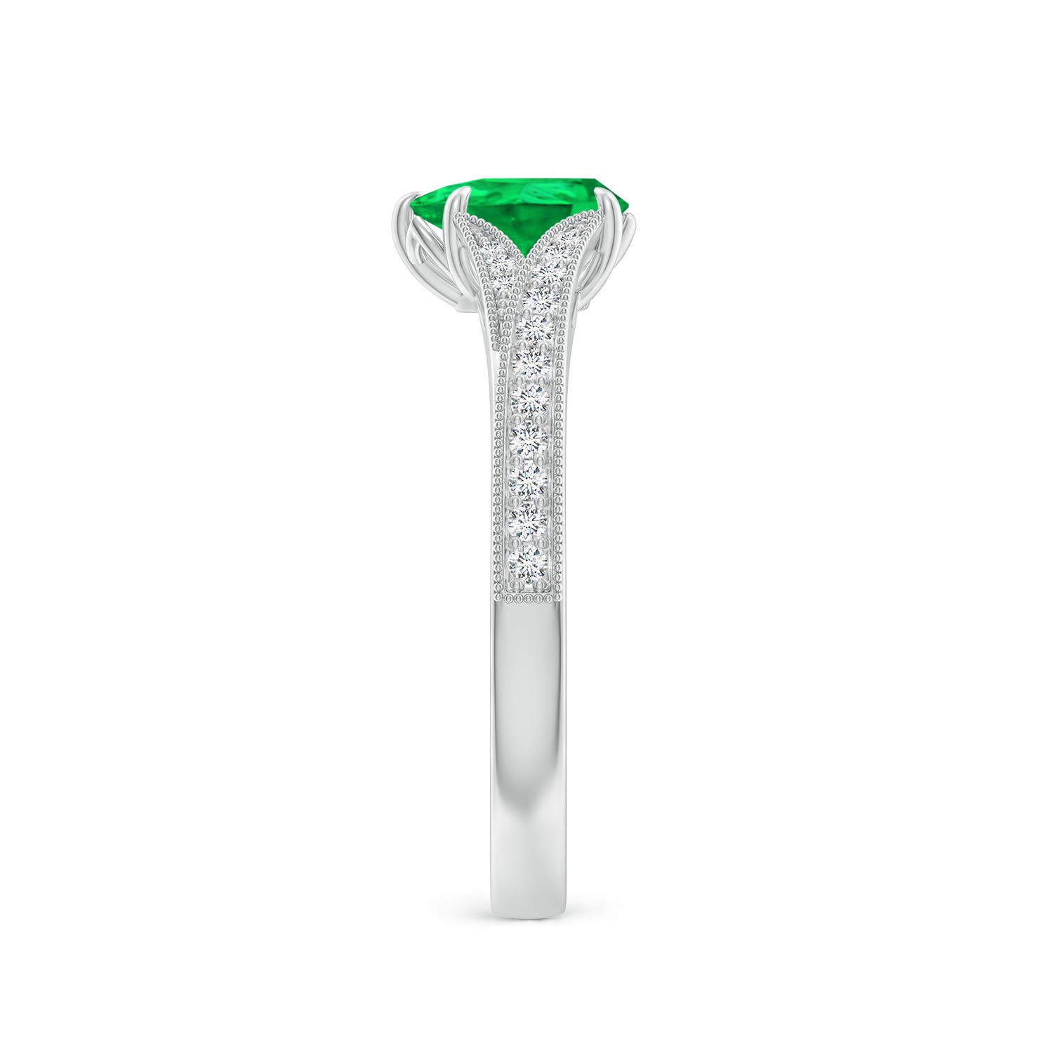 7x5mm AAA Vintage Inspired Pear Emerald Split Shank Engagement Ring in White Gold - side 3