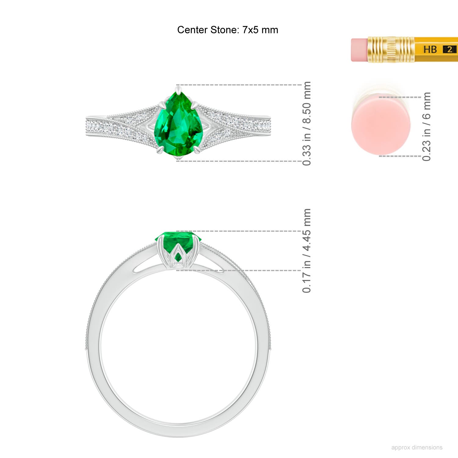 7x5mm AAA Vintage Inspired Pear Emerald Split Shank Engagement Ring in White Gold - ruler