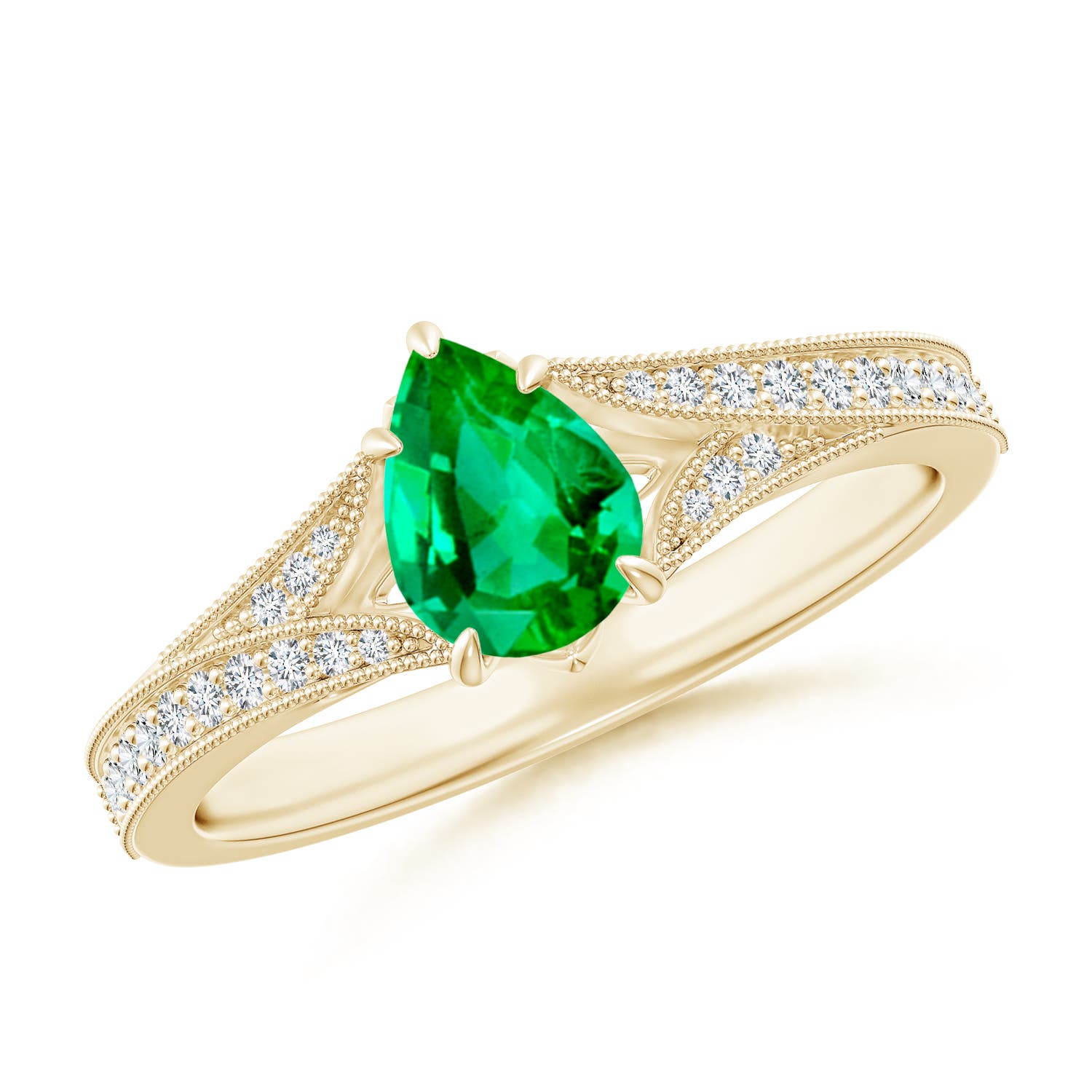7x5mm AAA Vintage Inspired Pear Emerald Split Shank Engagement Ring in Yellow Gold