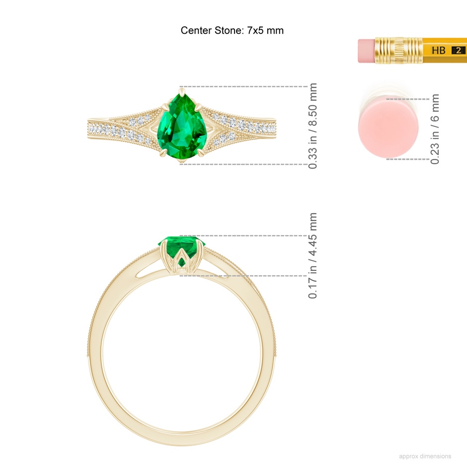 7x5mm AAA Vintage Inspired Pear Emerald Split Shank Engagement Ring in Yellow Gold ruler