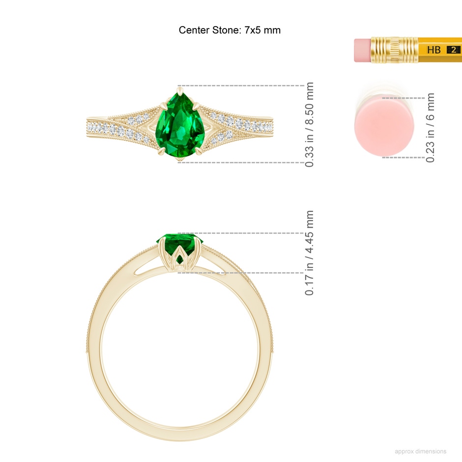 7x5mm AAAA Vintage Inspired Pear Emerald Split Shank Engagement Ring in Yellow Gold ruler