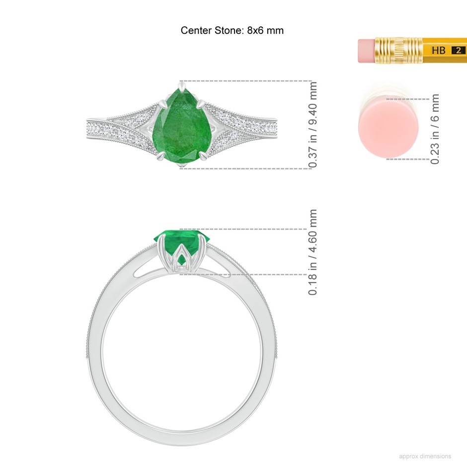 8x6mm A Vintage Inspired Pear Emerald Split Shank Engagement Ring in White Gold ruler