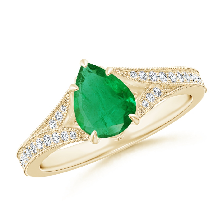 8x6mm AA Vintage Inspired Pear Emerald Split Shank Engagement Ring in Yellow Gold 