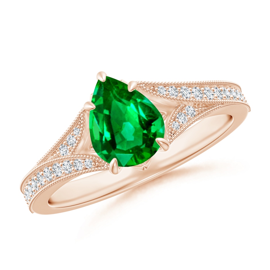 8x6mm AAAA Vintage Inspired Pear Emerald Split Shank Engagement Ring in 18K Rose Gold 