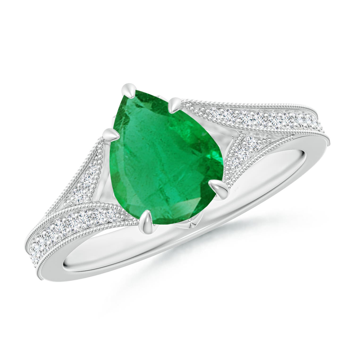 9x7mm AA Vintage Inspired Pear Emerald Split Shank Engagement Ring in White Gold