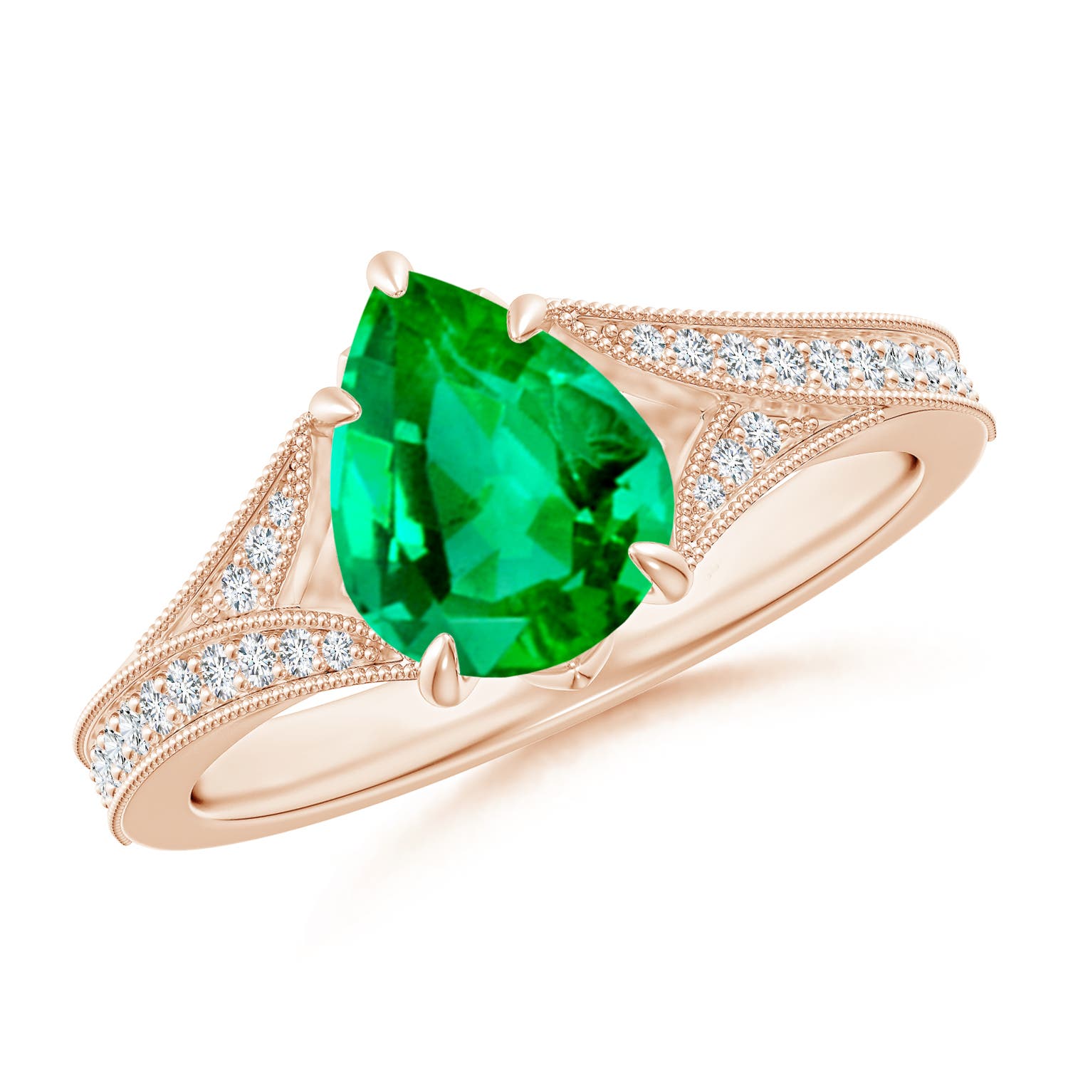 9x7mm AAA Vintage Inspired Pear Emerald Split Shank Engagement Ring in Rose Gold