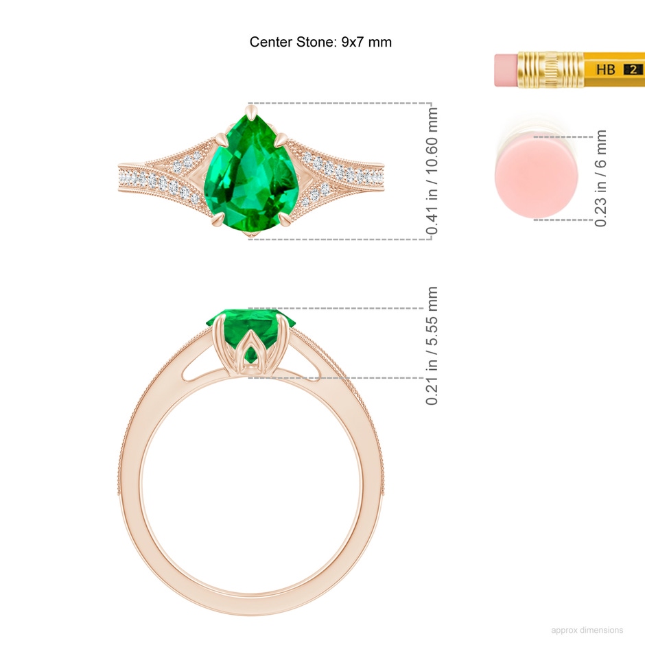 9x7mm AAA Vintage Inspired Pear Emerald Split Shank Engagement Ring in Rose Gold ruler